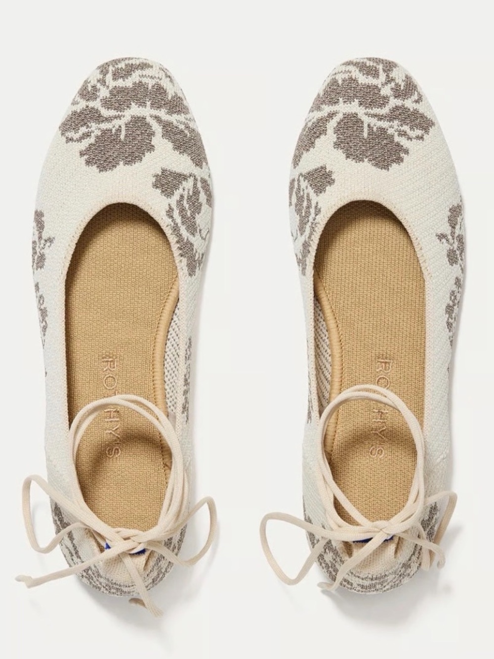 Rothy’s Cream and Gold Ankle Tie Flats